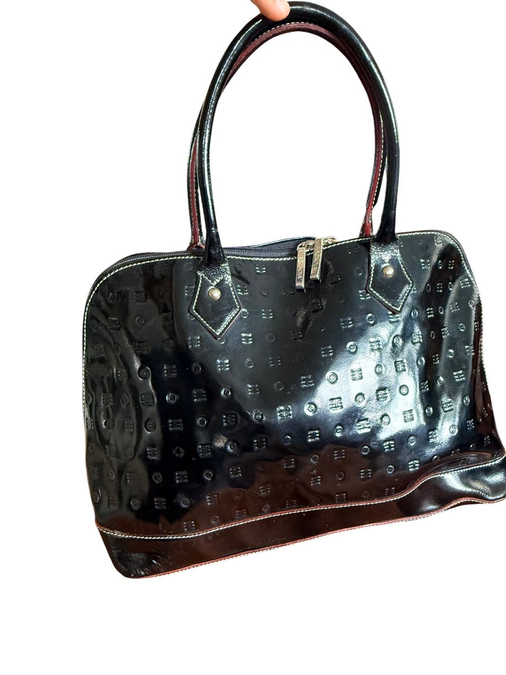 Arcadia Dome Metric Patent Leather Logo Satchel Ink Black